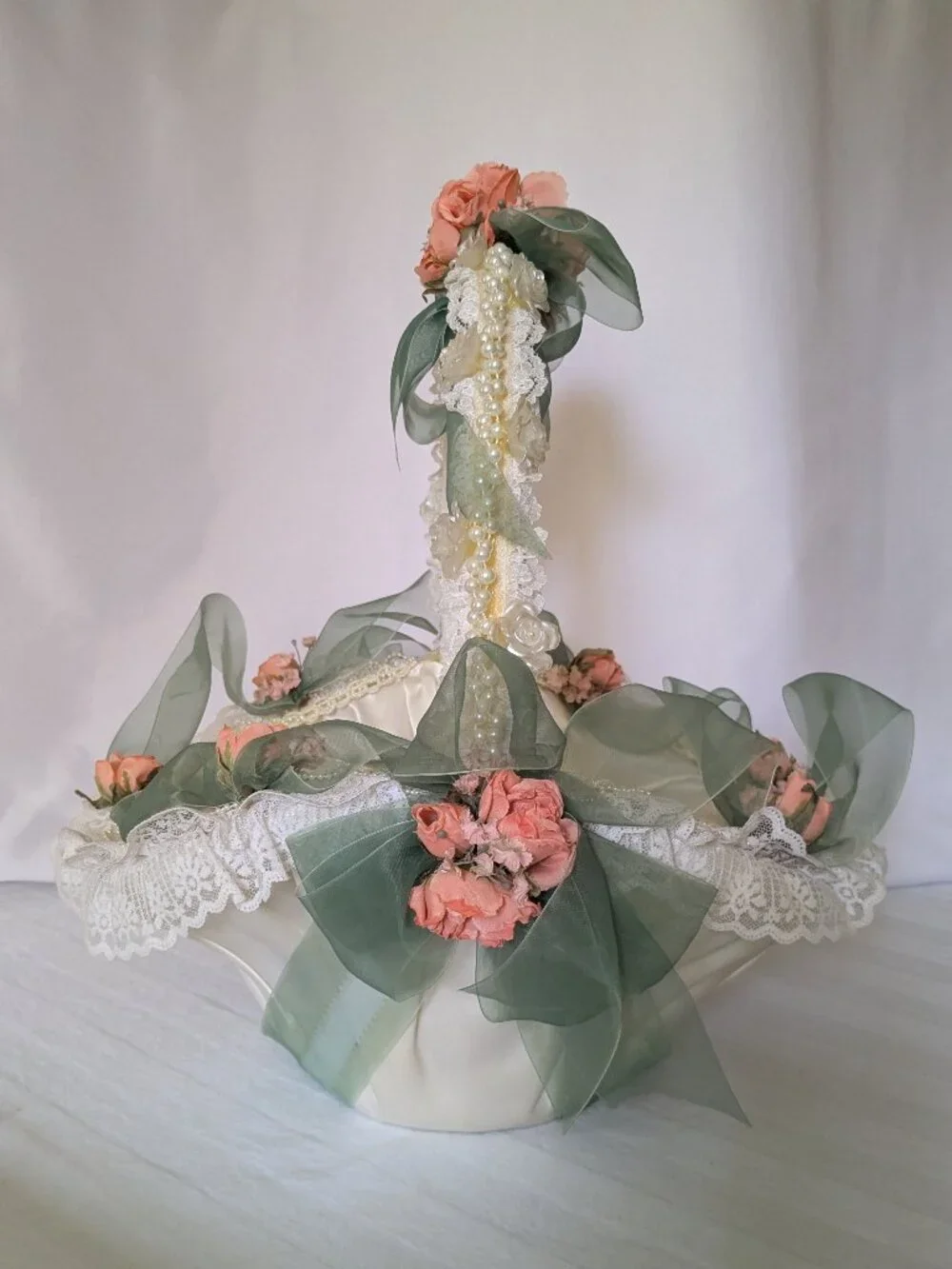 Handmade Lace Pearls Roses & Satin Wedding Baby Cheer Gift Basket